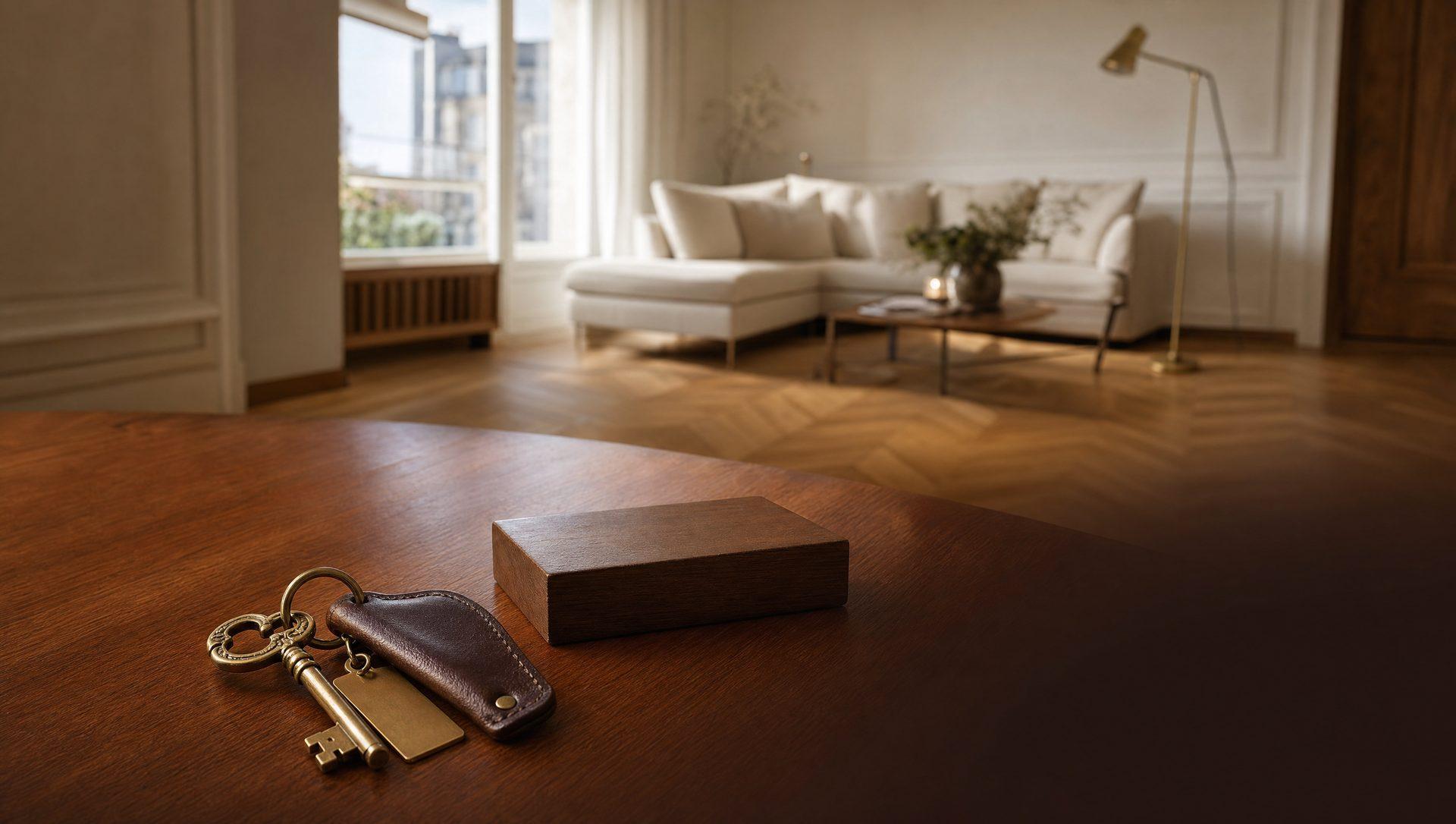 Schlüssel auf Holztisch vor modernem Wohnzimmer – Mietverwaltung Delmenhorst